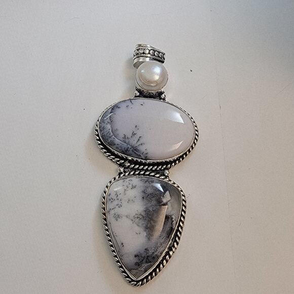 Necklace Pendants Dendritic Opal and Pearl Handmade Jewelry in Sterling Silver - Picture 2 of 10